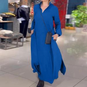 Casual Dresses Women Dress Solid Color Lapel V Neck Long Sleeve Maxi Split Hem Ankle Längd A-Line Lady Fall Clothes