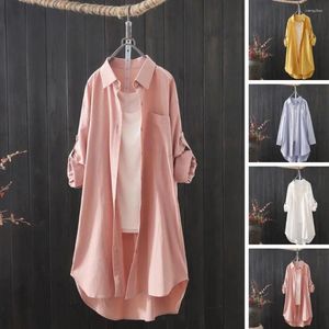 Women's Blouses Women Button Up Shirt Long Stylish Cardigan Coat Irregular Hem Lapel Patch Pocket For Fall Spring Fashion