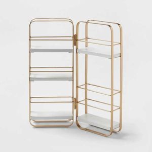 Cosmetic Organizer Foldable metal frame desktop organizer with multiple open shelves white and gold bathroom makeup vanity storage cart compact Q240429