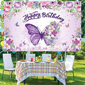 Party Decoration Purple Farterfly Birthday Backdrops Decorations Po Booth Bakgrund Tyg Baby Shower Girl Hanging Flag Backdrop Props