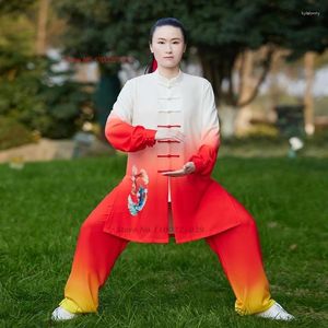 Etniska kläder 2024 Kinesisk vintage Martial Art Uniform Tai Chi Clothes Koi Print Gradient Color Wushu Övning Kungfu Tops Pants Set Set