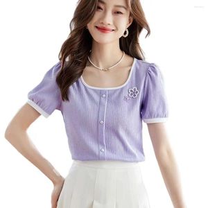 Kvinnor Bluses Women Summer Spring Shirts Lady Fashion Cosent Sort Sleeve Square Collar Retro Printing Blusas Tops G2763
