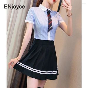 Work Dresses Summer Women Vintage Striped Short Sleeve Shirt And Pleated Skirt Two Pieces Set Office Ladies Professional Suit College Style