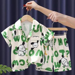 Pijama infantil de pijama de verão de seda fina de mangas curtas de manga curta média e grande criança princesa elegante seda caseira de roupas 240424