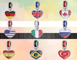 925 STERLING Gümüş Dangle Charm Fashion USA İspanya Kanada Rusya İtalya Ulusal Bayrak Klasik Kolye Boncuklar Boncuk Fit Takılar Bilezik DIY Takı Aksesuarları3514331