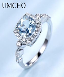 Umcho Real S925 Sterling Silver Rings For Women Blue Topaz Ring Gemstone Aquamarine Cushion Romantic Gift Engagement Jewelry Y19063588205