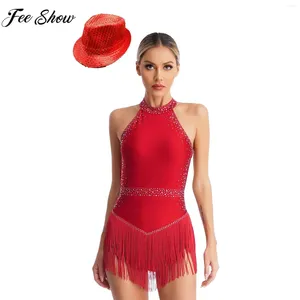 Bühne Wear Women Latin Jazz Dance Lotard Kleid Cha-hca Ballroom Tango Performance Kostüm ärmellosen Strass Bodysuit mit Hut