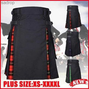 Skirts Mens plus size Scottish blend black cotton and Tatar practical set with leather strap XW