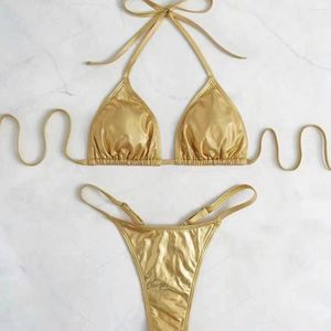 Kadın Mayo Seksi Metalik Altın Glitter Halter Bikinis Setleri İki Parça Setleri 2024 Kadın Tangalı Bandage Mayo Kadın Mayo Biquini