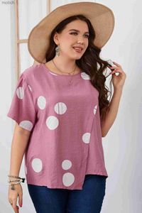 여자 티셔츠 여성 플러스 폴카 도트 짧은 슬리브 티셔츠 느슨한 네크 라인 불규칙한 캐주얼 탑 쉬폰 여름 셔츠 fabricwx