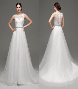 Nytt i Stock Lace Wedding Dresses 2018 Billiga juvelhalsringar ren bröllopsklänningar Applikationer Beaded Whiteivory Inventory Bridal Dres4867680