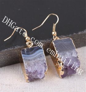 Прямоугольная капля 10 Pairs Amethyst Stalactite Slice Серьги сырой хрустальный геод каменные серьги с золоты