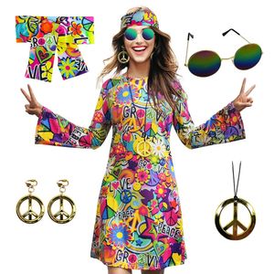 5pcs Set 60S 70S Женские костюмы хиппи -костюмы хиппи -платье Hippie Disco Halloween Boho Flared Hippie Dress 240415