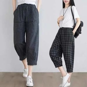 Spring Summer Plaid Pants Womens Harem Capris Drawstring Waist Large Size Casual Loose Cotton Linen Trousers Women 240428