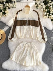 여자 트랙 슈트 kusahiki 한국 패션 드로우 스트링 지퍼 지퍼 선 보호 셔츠 긴 슬리브 코트 하이 허리 반바지 2 조각 세트