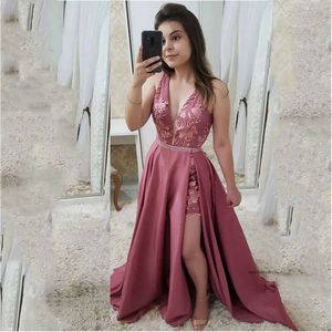 2021 Två stycken avtagbart tåg Evening V Neck Lace Appliques Pearls Prom Gowns Short Girls Formal Party Dress 0431