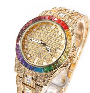 Hip Hop Bling Out Men Watch Edelstahl Gold plattiert Diamond Stein Quarz Uhr Armband Armband Kette 8935647