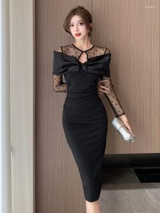 Casual Dresses Lady Black Evening Dress Women Clothing Elegant Chic See Through Sexy Long Sleeve Slim Party Prom Robe Femme Vestidos Fiesta