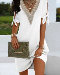 Basic Casual Dresses Elegant womens V-neck shoulder patch work uniform design casual office womens mini dress white loose beach holiday dress y2kL2404