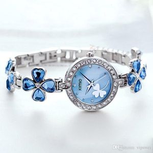 Woman fashion Clover dress watches Bracelets Stainless steel color student Bracelet blue Rhinestone Quartz watch Lovers girl gift shell dial 290W