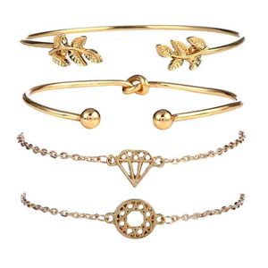 Chain 4 Pcs/ Set Bohemian Gold Color Leaves Knot Round Chain Open Bracelet Set For Women Punk Boho Beach Bangle Jewelry Gift Wholesale