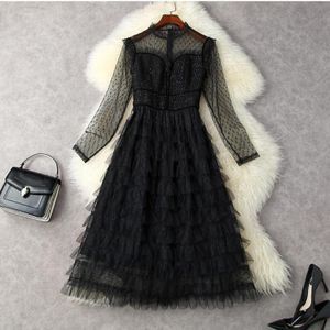Long Sleeve Hearts Tulle Panelled Tweed Dress Tiered Round Neck Black Red Mid-Calf Elegant Casual Dresses L3W132819 281L