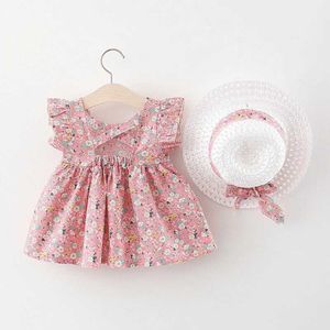 Vestidos de menina 2022 roupa de verão vestidos de menina de menina coreana desenho animado de moda fofa impressão de algodão, vestido de princesa+sunhat recém -nascido conjunto de roupas