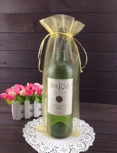 100st Gold Organza Bottle Bag Pouch Present Wrap Wedding Favor 14x35cm Winebottle Påsar eller blandar färger2823469