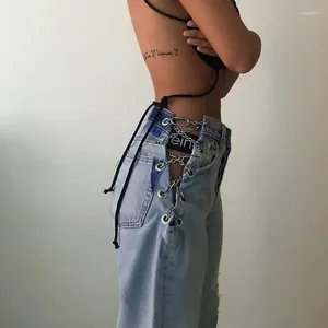 Frauen Jeans Vintage Ladies Blue Denim Side Cross Chain Hollow-out weite Beine lässige Hose Korean Streetwear Hosen