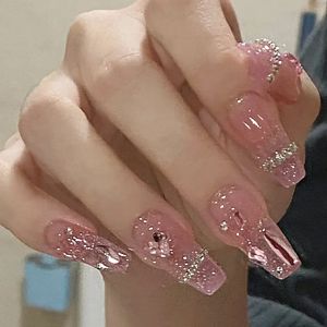 24Pcs Pink Ballet Fake Nails Full Cover Nail Tips Long False with Rhinestone Chain Design Wearable Press on 240419