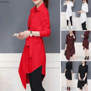 Women's Blouses Shirts Womens shirt long sleeved irregular tie with loose commuting medium length dress polyester womens shirtL2405