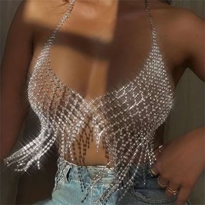 Kostymtillbehör Mesh Harness Rhinestone Tassel Bra Chain Nightclub Clothing Hollow Festival Topps Crystal Sexy Body Jewelry for Women