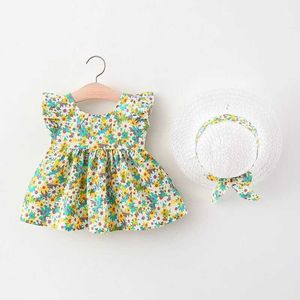 Abiti da ragazza 2022 Summer Nust Bambe Abiti per bambini Abiti da ragazza Corea Cinea Sleeveletta Cotton Cotton Beach Dress+Sunhat Princess Abites