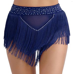 Bühne Wear Womens Belly Dance Kostüm Hochelastisches aufsieht durch Mesh Shorts Bottoms glänzender Strassstein Quasten Cha-Cha Samba Rumba Dancewear