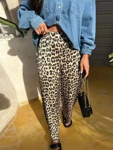 TRAF Mulheres Retro Europeu e Americano Estamado Leopardo Printado Canda Alta Pants retas Verão 240430