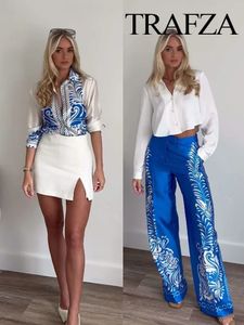 Trafza Women Suits Print Turn-Down Collar långa ärmar Single Breasted Casual ShirtShigh midjefickor Dragkedja Wide Ben Pants 240429