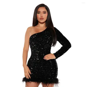 Party Dresses Women Summer 2024 Runway Designer One Shoulder Long Sleeve Sequins Feather Patchwork Evening Robe