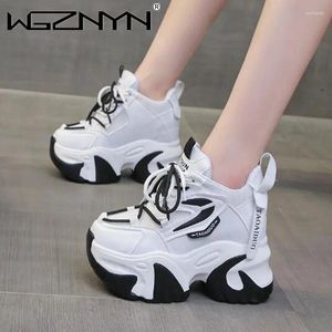 Casual Shoes Women High Platform Leather 2024 Autumn Lace-up Chunky Sneakers 11CM Wedges Hidden Heels Leisure Woman