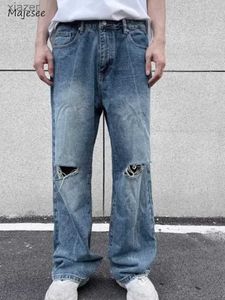 Męskie dżinsy Summer S-3xl męskie szerokie nogi dżinsowe ubranie uliczne Hip-Hop Street Contain Para Wygodna Hot Suring High Waisted BF Clothing WX