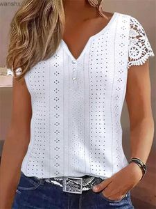 女性用ブラウスシャツレディースサマンファッションシャツトップレースパッチボタンカジュアルVネック短袖プレーンウィーブデイリーブルーシャツ服wy1052L2405