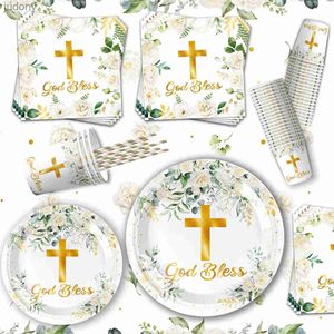 Tabelle in plastica usa e getta Le chiese battiste di Dio Blessed Party Fornisce Giorno santo Dio Blessed Paper Dessert Board e Silver Cross Naukins First Communione WX