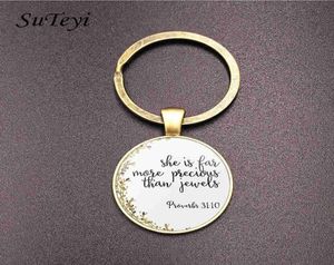 Suteyi Vine Bronze Christian Bible Key Chain Holder Charms Bibeln Psalm Glass och blommor Bild Keychain Men Women Gift1549259