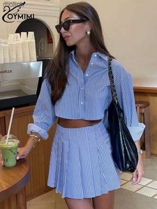 Women's T-Shirt Oymimis elegant blue striped print set suitable for women with 2 pieces fashionable long sleeved buttons crop top and high waisted pleated skirt setWX