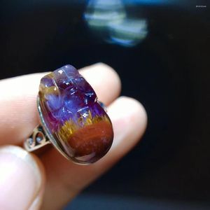 Cluster Rings Natural Purple Cacoxenite Red Auralite 23 Bead Adjustable Ring Women Men Gold Rutilated Quartz 17.6/10.3mm Pi Xiu Carved