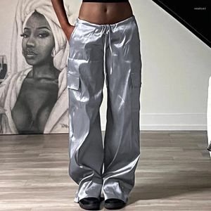 Frauenhose hohe Taille Silber Satin gerade Rohr Streetsty