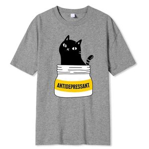 Herren-T-Shirts Schwarze Katze Eat Antidepressivum lustige Print Männer T-Shirt Mode Oversize T-Shirt Hochwertige Baumwoll-T-Shirts Sommer kurzer Slve Y240429