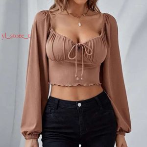 Kvinnor Designerst Shirts Girl Brown Low-Cut Sexy Lady Crop Tops Rit String Lång ärmskjorta Fashion Brown Blus Female Slim Fiting Top Women's T-shirt 9909