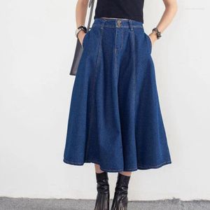 Skirts 2024 Pleated Denim Maxi Skirt Women Summer Folds Chic And Elegant Woman Midi Jeans Long Y2k Blue Classic Cotton