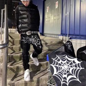 Men's Jeans American hip-hop men jeans high strt casual trendy brand Y2k spider web print loose couple straight H240429