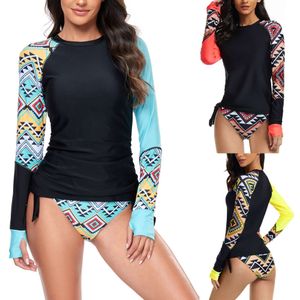 Women's Swimwear 2024 new geometric pattern printed patchwork long sleeved triangle shorts split surfing suit